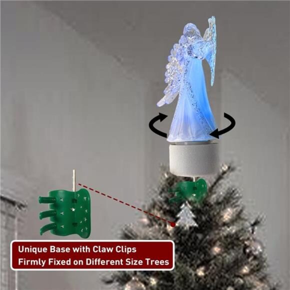 14" Lighted Christmas Angel Tree Topper - Rotary with Sequin Wings & RGB Lights - Picture 5 of 7